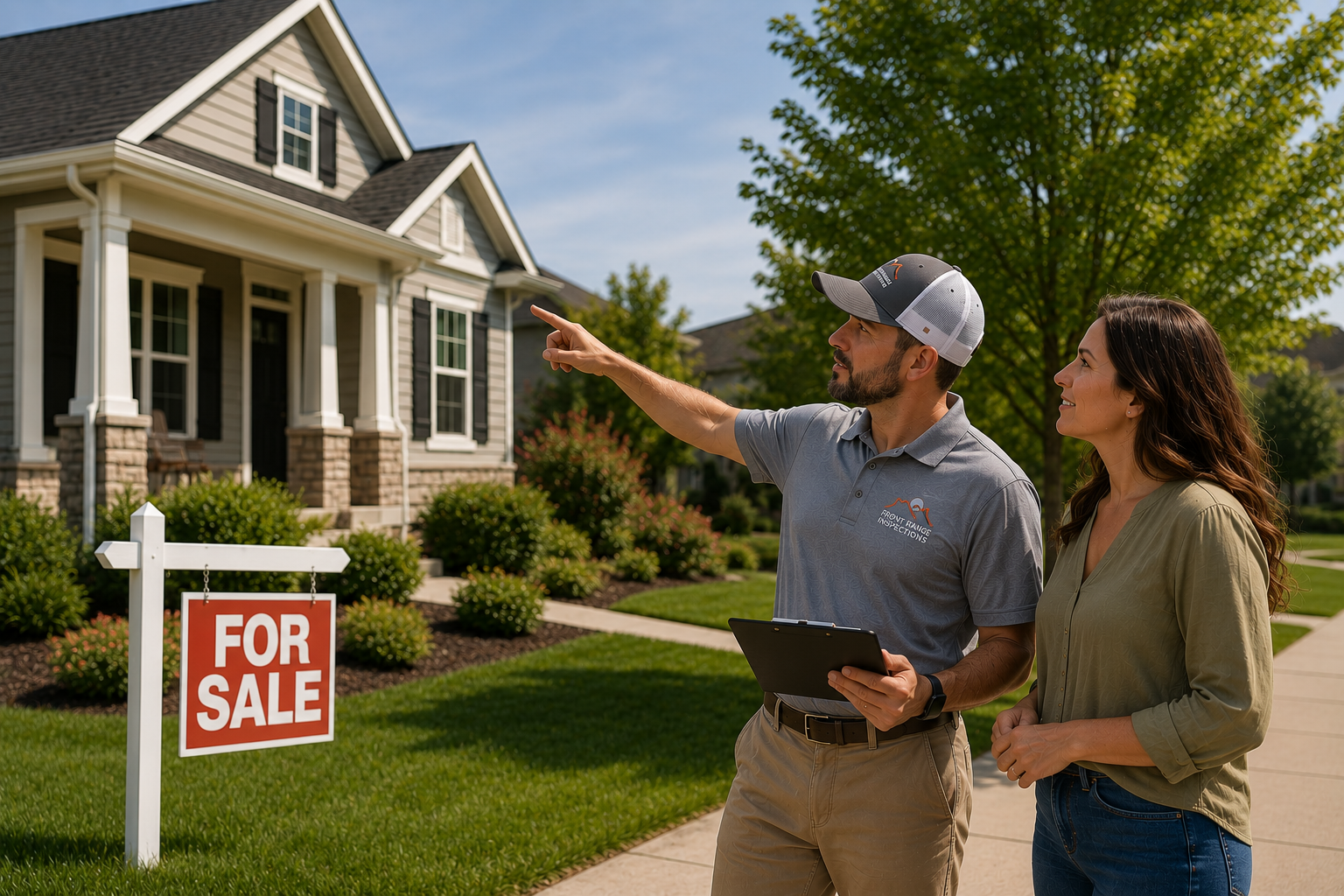 Professional home inspector reviewing a digital inspection report with home buyers in Colorado